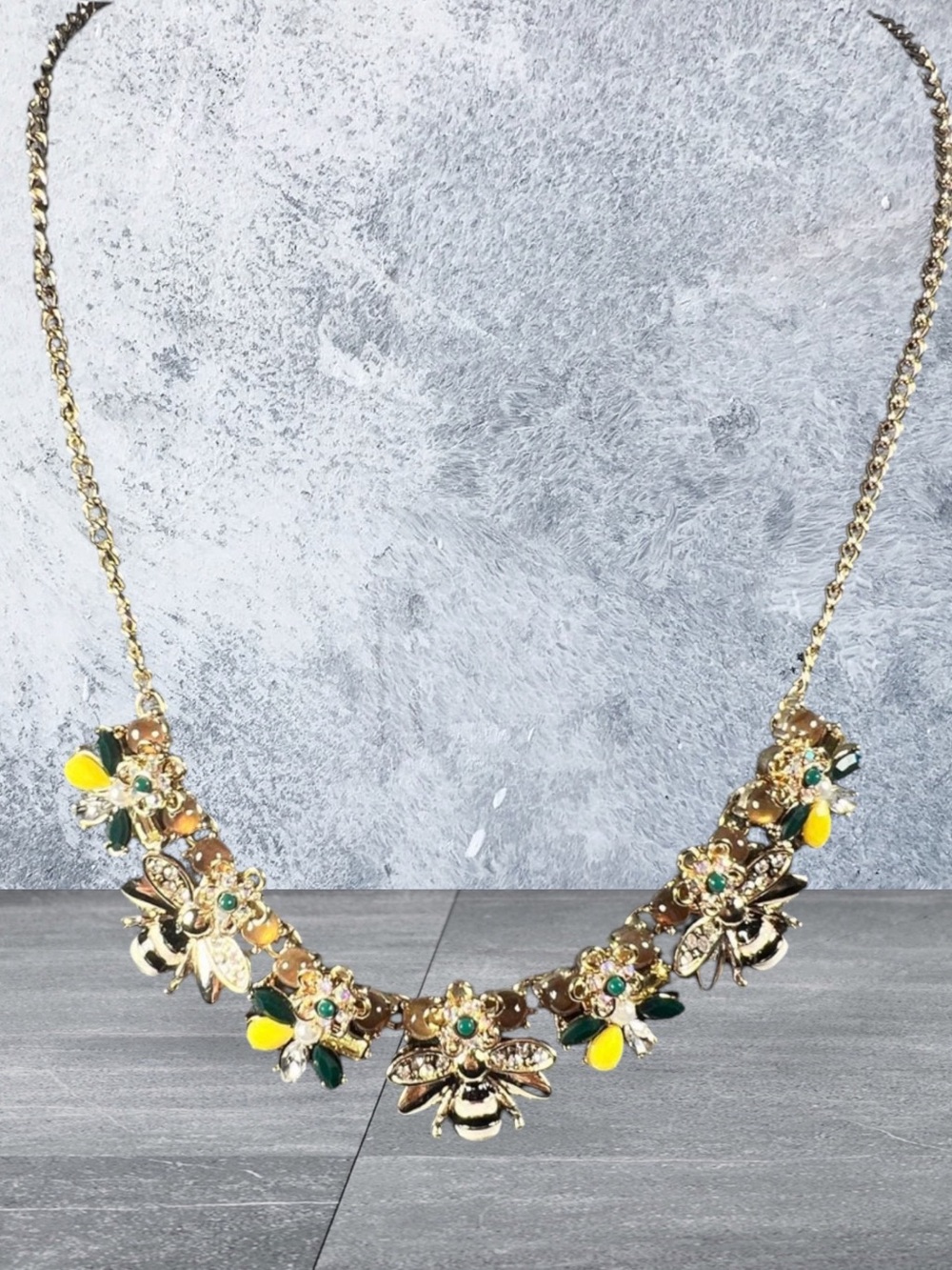NWT Vintage Ann Taylor Bee Statement Necklace Gold Tone Crystal Floral Bib